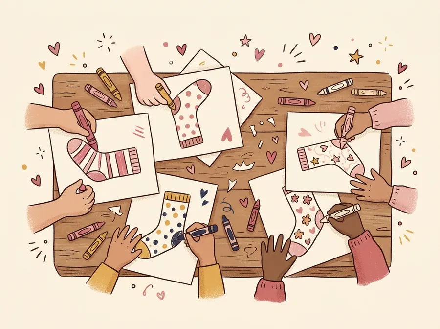 Ilustracja: dziecięce ręce rysują kredkami projekty skarpetek na kartkach